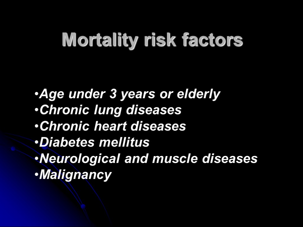 Mortality risk factors Age under 3 years or elderly Chronic lung diseases Chronic heart